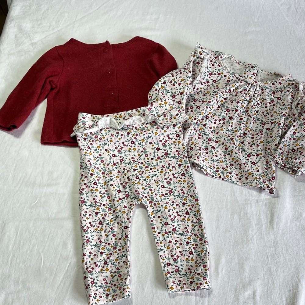 0-3M Floral Baby Outfit Set with Burgundy Cardigan
